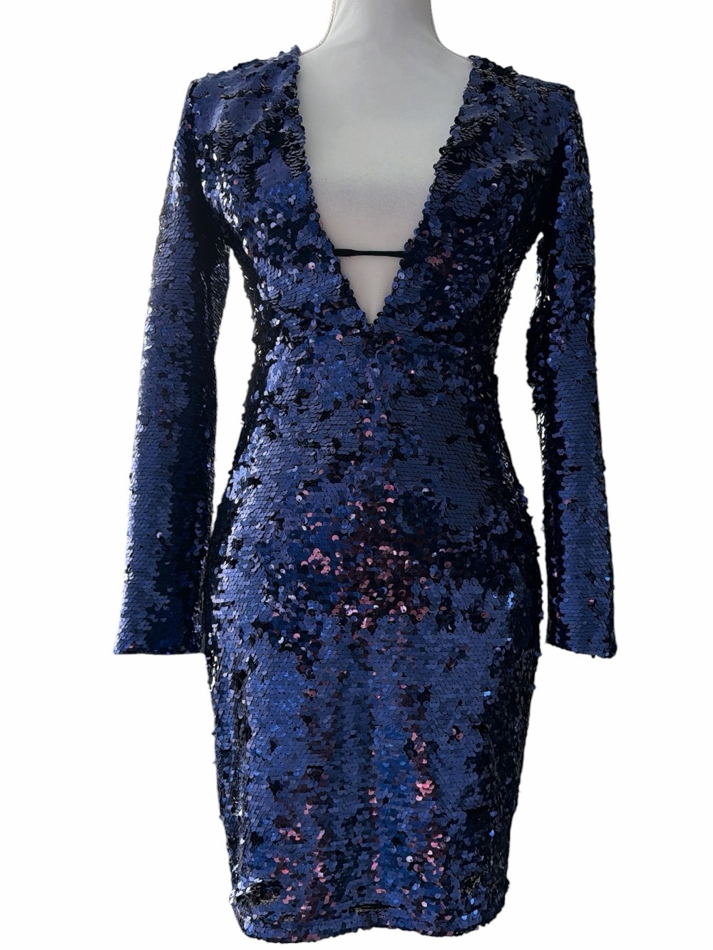 NWT ASOS Navy Sequin Plunge Neck Bodycon Mini Dress Long Sleeve US 2 - Picture 3 of 16